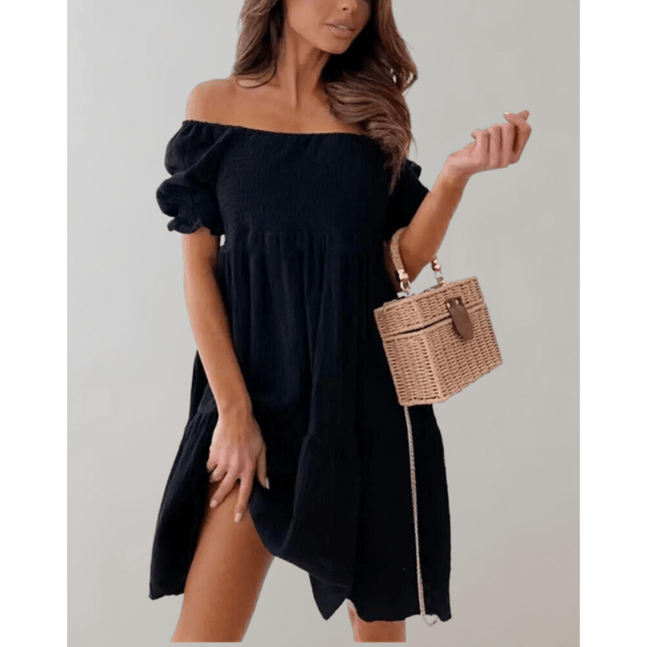 Birgitta | Robe Épaules Dénudées Smockée à Manches Bouffantes Pour Femme | Mini - Elise Noir