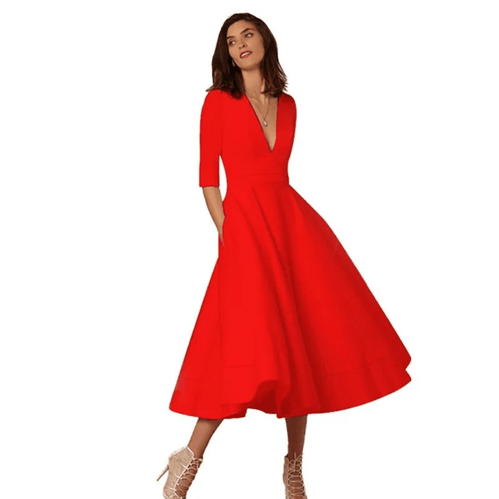 Blandine | Robe évasée à manches mi - longues et col en V pour femmes | Midi - Elise Noir