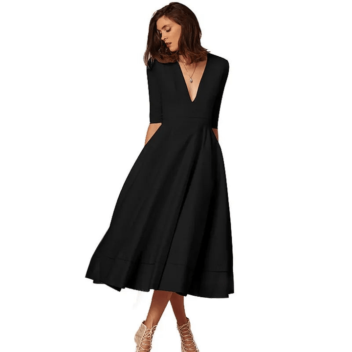 Blandine | Robe évasée à manches mi - longues et col en V pour femmes | Midi - Elise Noir