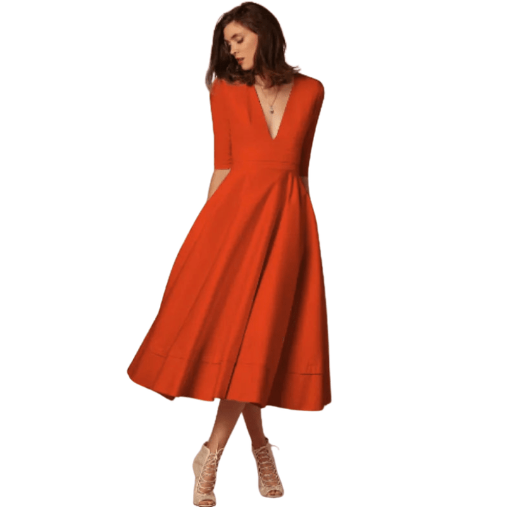Blandine | Robe évasée à manches mi - longues et col en V pour femmes | Midi - Elise Noir