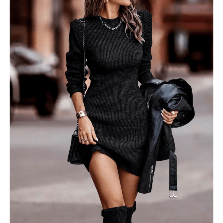 Celestine | Robe Tricotée Côtelée Femme | Coupe Ajustée - Elise Noir
