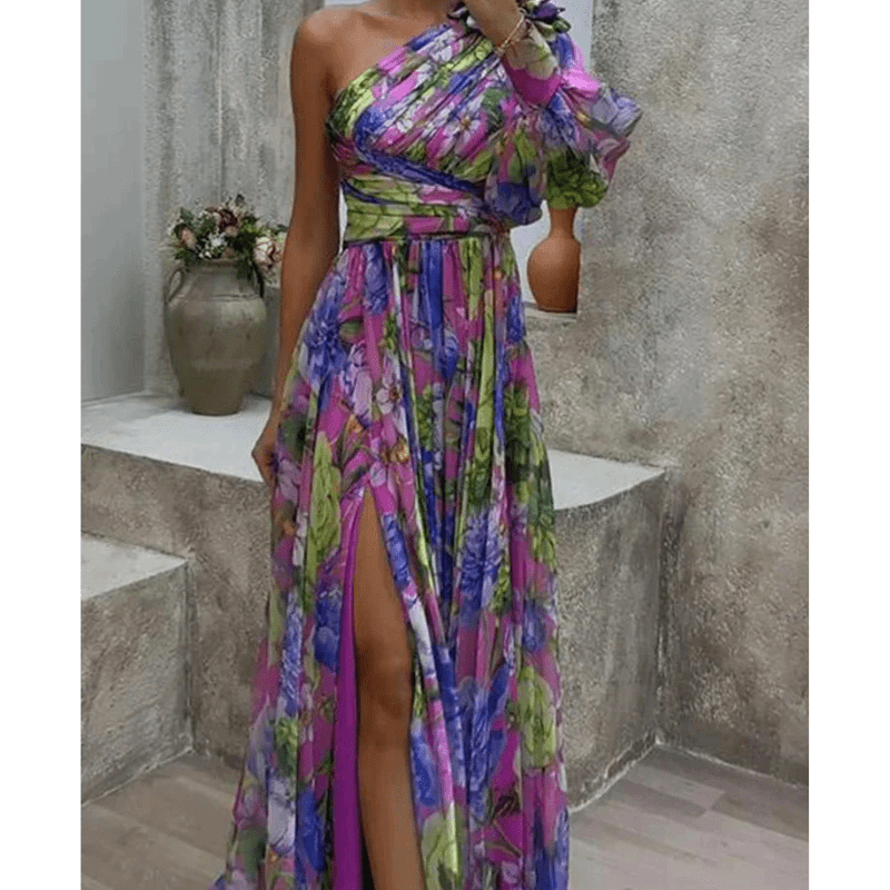 Frederica | Robe Fleurie Asymétrique Pour Femme | Maxi - Elise Noir