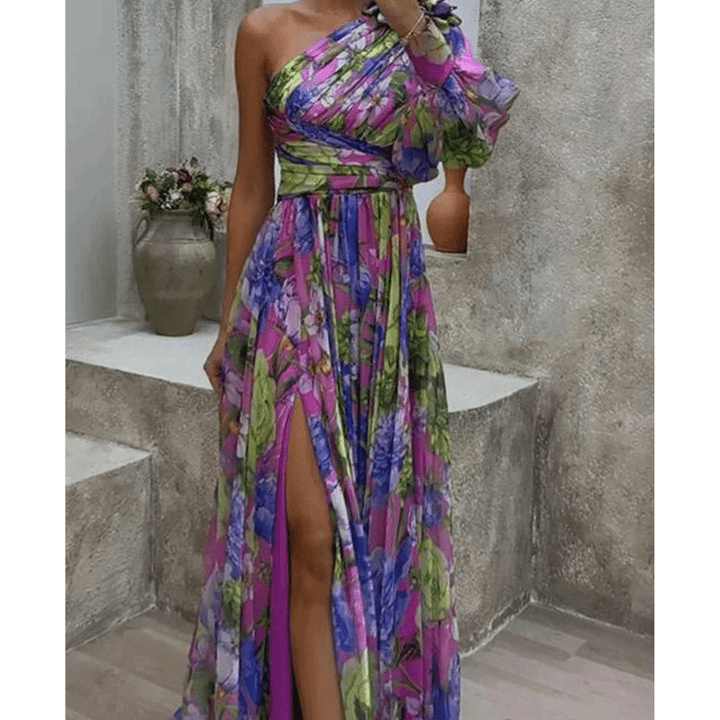 Frederica | Robe Fleurie Asymétrique Pour Femme | Maxi - Elise Noir