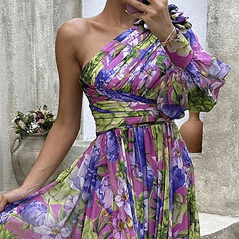 Frederica | Robe Fleurie Asymétrique Pour Femme | Maxi - Elise Noir