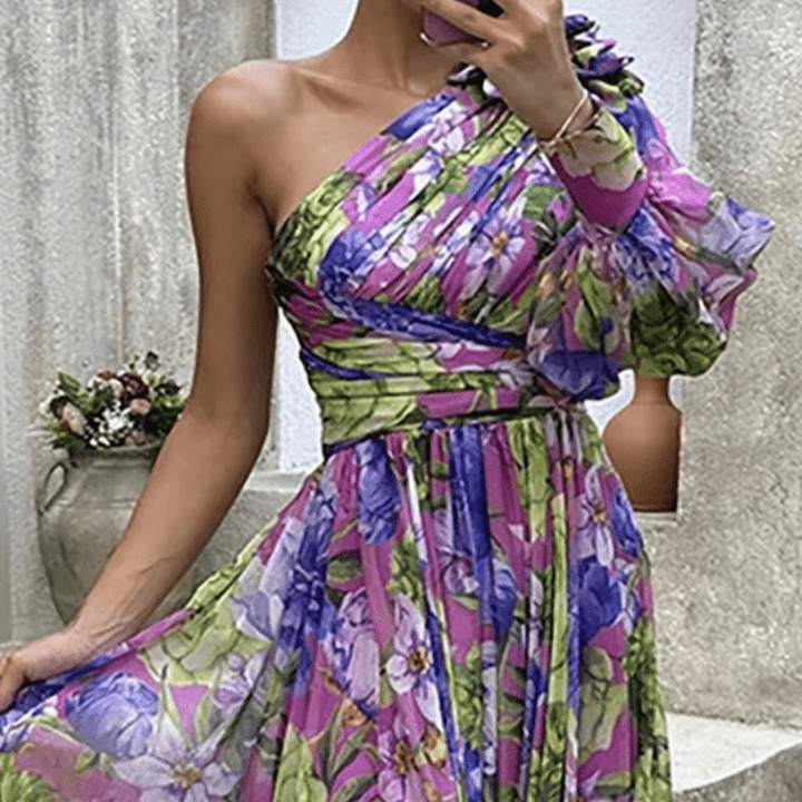 Frederica | Robe Fleurie Asymétrique Pour Femme | Maxi - Elise Noir