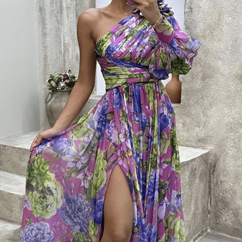 Frederica | Robe Fleurie Asymétrique Pour Femme | Maxi - Elise Noir