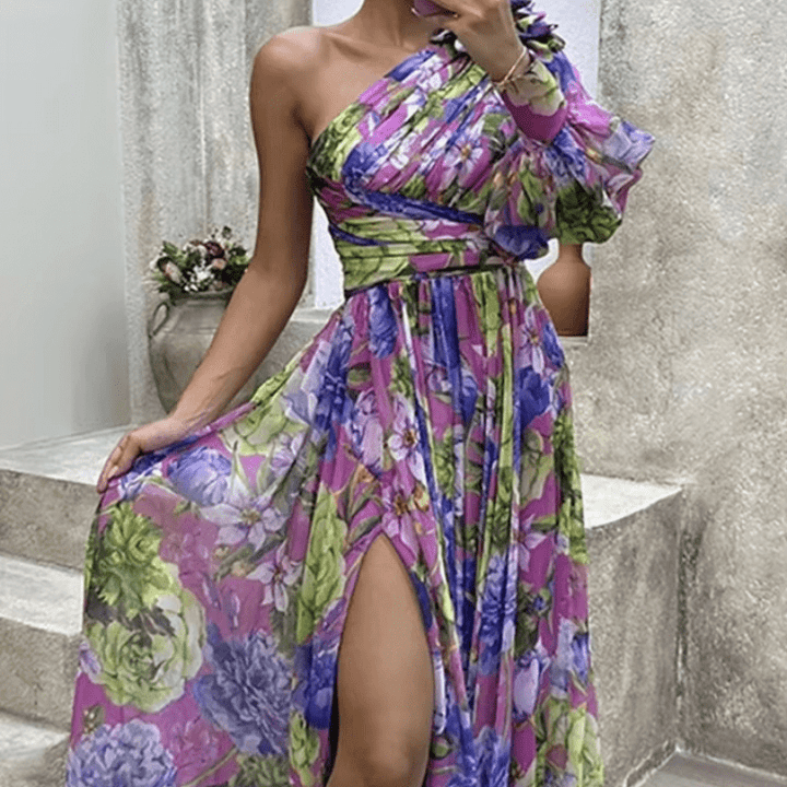Frederica | Robe Fleurie Asymétrique Pour Femme | Maxi - Elise Noir