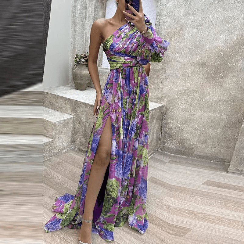 Frederica | Robe Fleurie Asymétrique Pour Femme | Maxi - Elise Noir