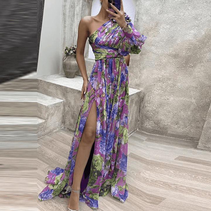 Frederica | Robe Fleurie Asymétrique Pour Femme | Maxi - Elise Noir