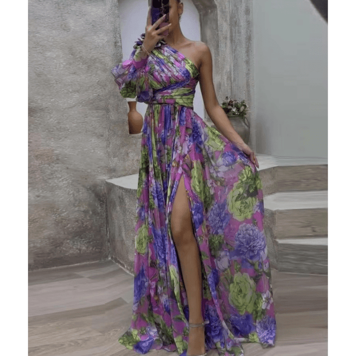 Frederica | Robe Fleurie Asymétrique Pour Femme | Maxi - Elise Noir