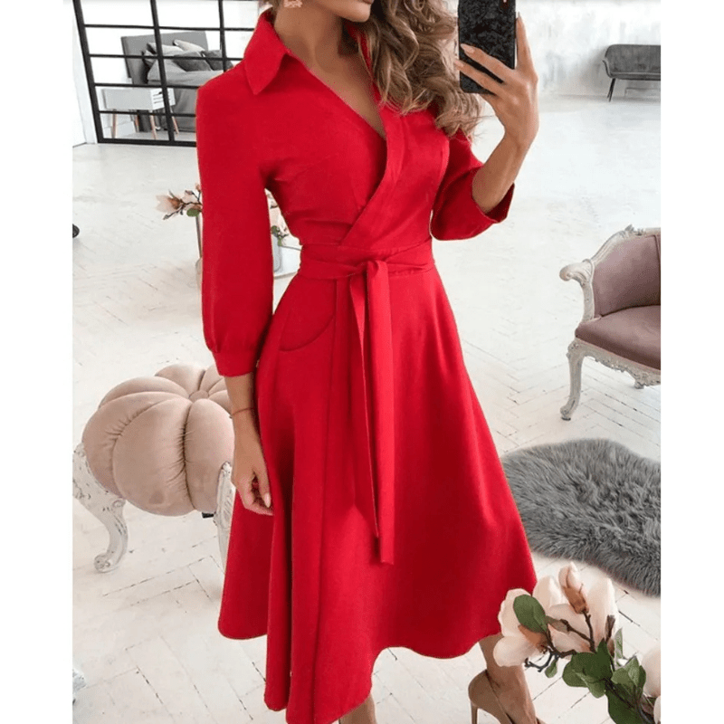 Lada | Femme Chic Spring Style Wrap Dress with Waist Tie | Midi - Elise Noir