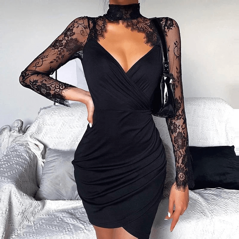 Margaux | Robe de Soirée en Dentelle Femme | Manches Longues - Elise Noir