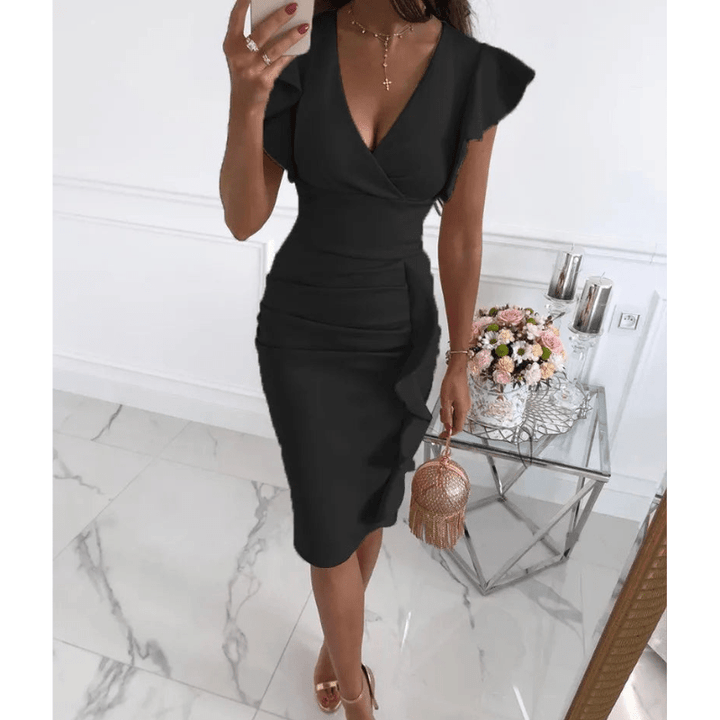 Nalini | Femme Chic Robe Bodycon à manches volantées | Midi - Elise Noir