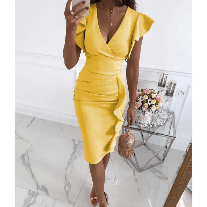 Nalini | Femme Chic Robe Bodycon à manches volantées | Midi - Elise Noir
