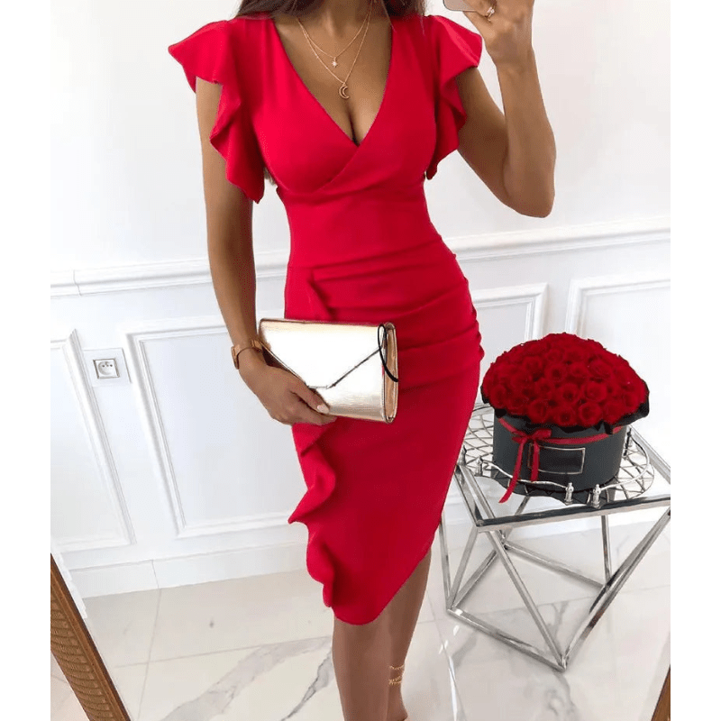Nalini | Femme Chic Robe Bodycon à manches volantées | Midi - Elise Noir