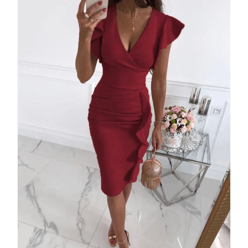 Nalini | Femme Chic Robe Bodycon à manches volantées | Midi - Elise Noir