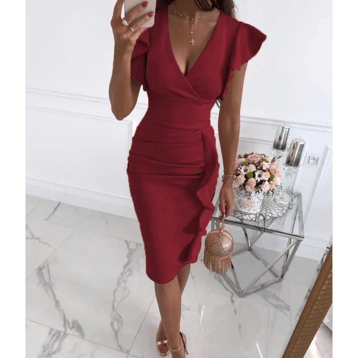 Nalini | Femme Chic Robe Bodycon à manches volantées | Midi - Elise Noir
