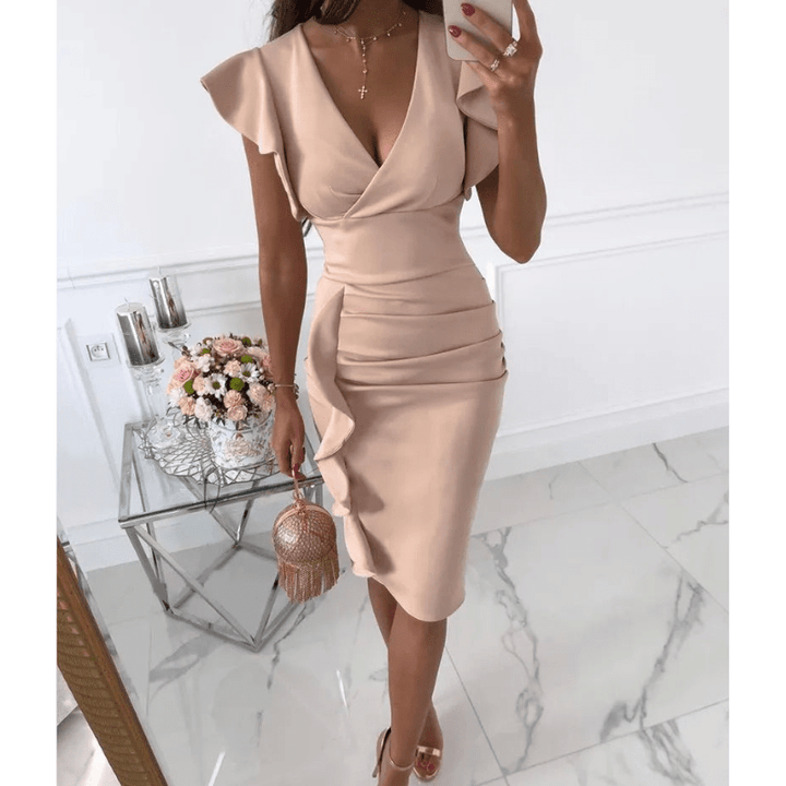 Nalini | Femme Chic Robe Bodycon à manches volantées | Midi - Elise Noir